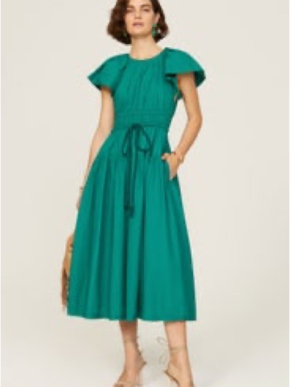 Ulla Johnson Teal Flutter-Sleeve Tie-Waist Midi Dress
